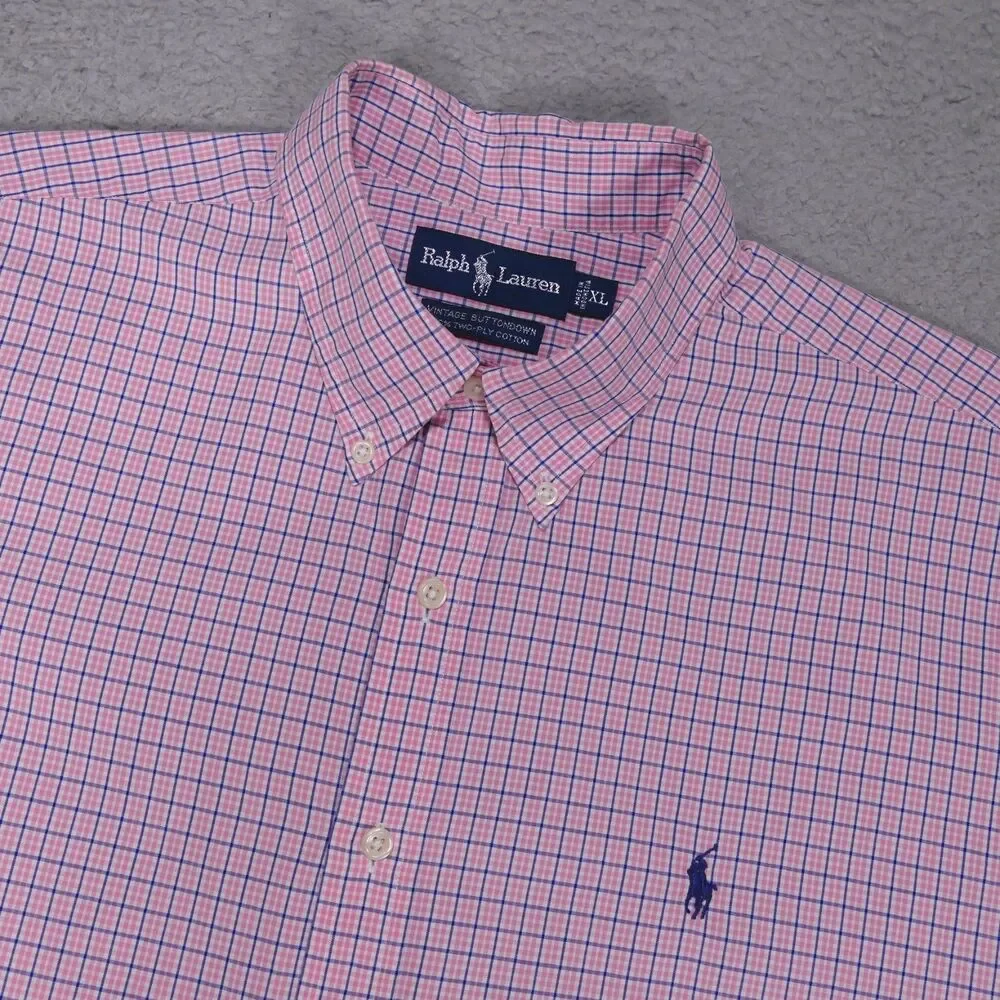 Polo Ralph Lauren Shirt Mens XL Pink Blue Plaid Button Down Short Sleeve